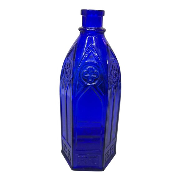 Carters Cathedral Cobalt Blue Embossed Glass Bottle Hexagon Quart Gothic Design - Picture 3 of 7